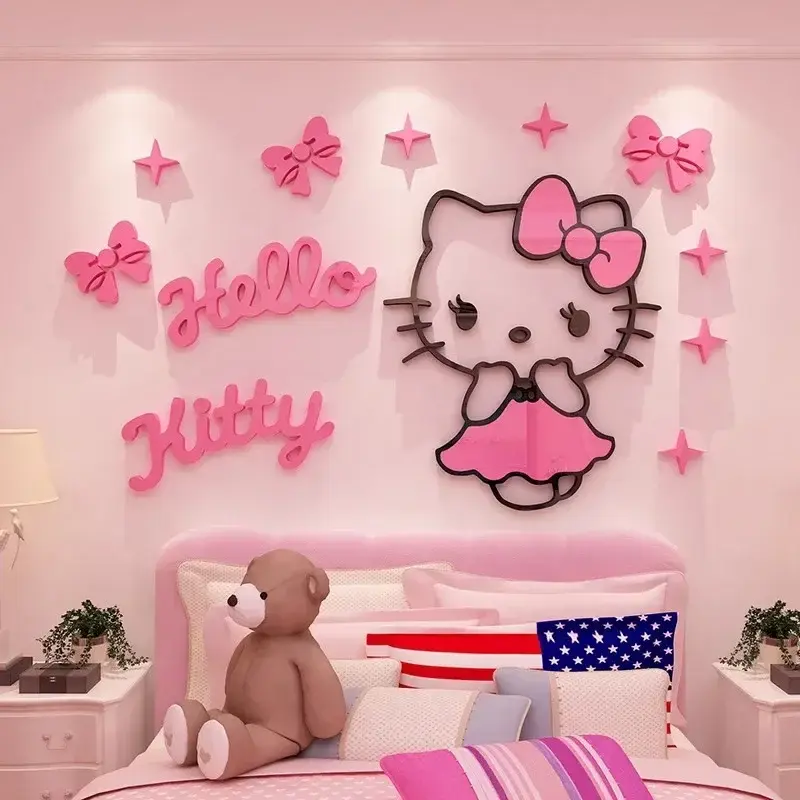 Sanrio Acrylic Wall Stickers Self-assembly Cartoon Painting Children Hello Kitty Room Decoration Bedside Cute 3D Stereo Sticker