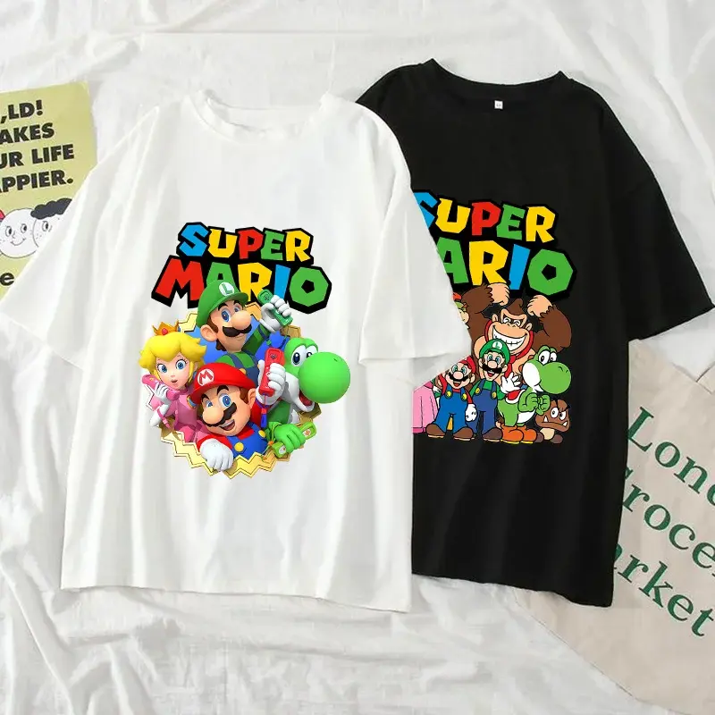 Super Mario Dad Mom T-Shirt Cartoon Tops Summer Parent-child Clothing Adult Anime Cotton Black White Tee Family Clothes Gift