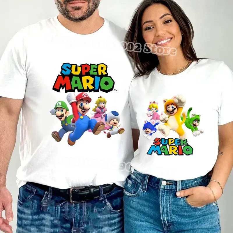 Super Mario Dad Mom T-Shirt Cartoon Tops Summer Parent-child Clothing Adult Anime Cotton Black White Tee Family Clothes Gift