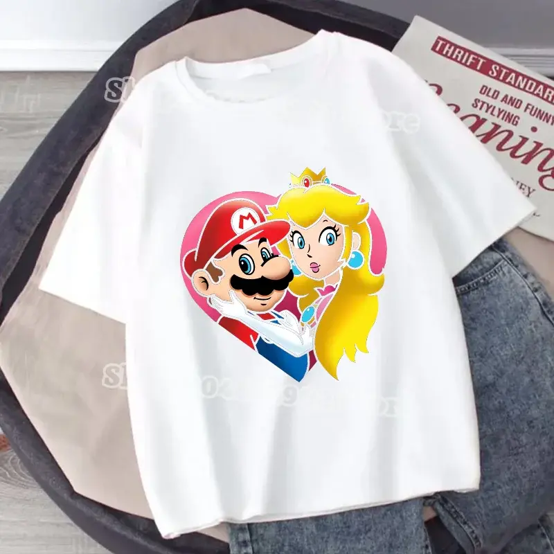Super Mario Dad Mom T-Shirt Cartoon Tops Summer Parent-child Clothing Adult Anime Cotton Black White Tee Family Clothes Gift