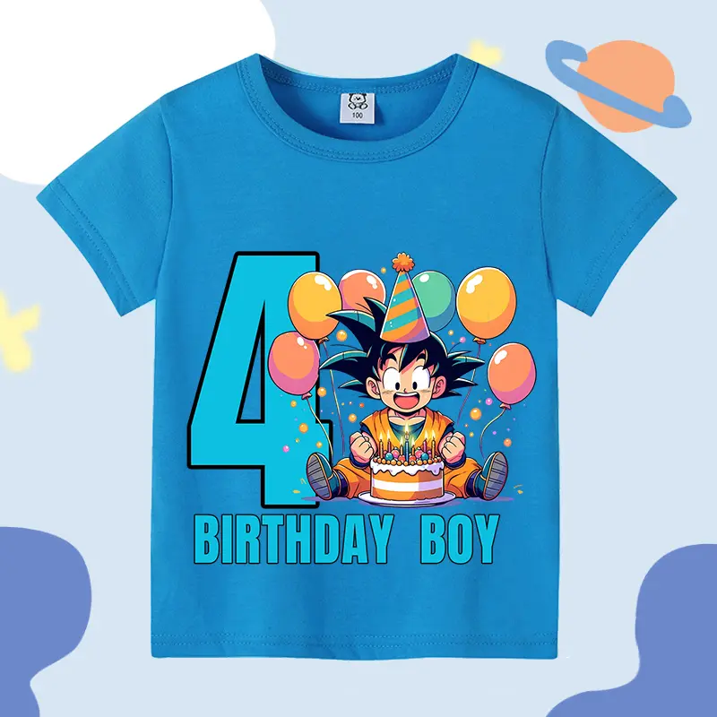 Dragon Ball Blue Birthday T-shirt Children Clothing Goku Cartoon Anime Short Sleeve Boy Trendy Cool Casual Tee Kid's Clothes Top