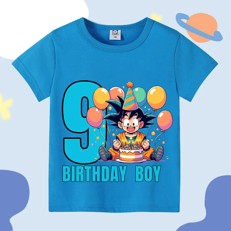 Dragon Ball Blue Birthday T-shirt Children Clothing Goku Cartoon Anime Short Sleeve Boy Trendy Cool Casual Tee Kid's Clothes Top