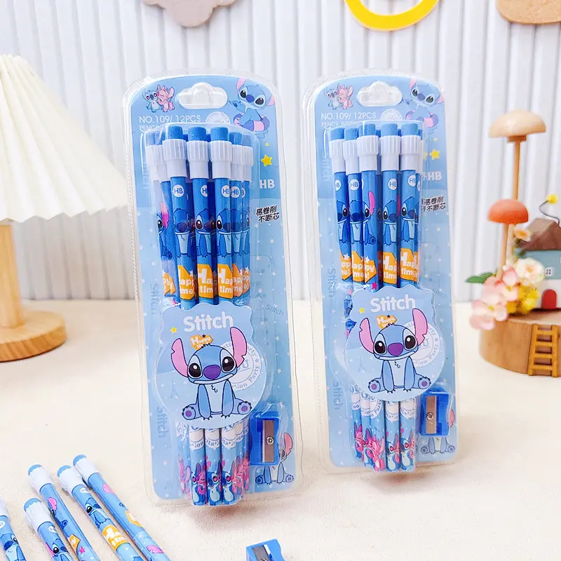 Stitch Pencils with Sharpener Kids New Disney Anime School Supplies Student Writing Stationery Children Birthday Gift Hot Sales