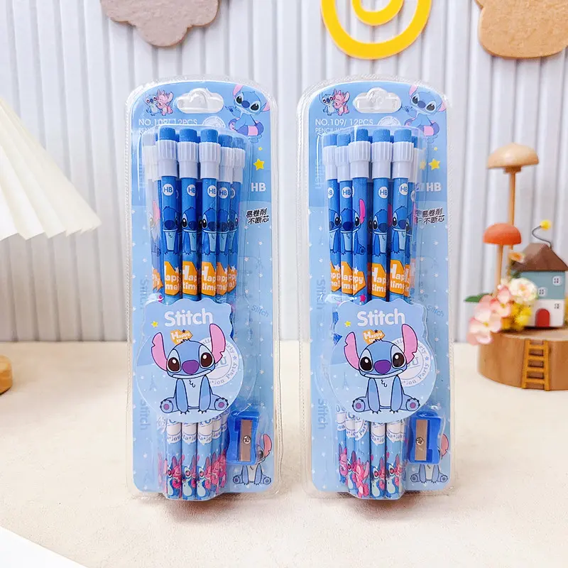 Stitch Pencils with Sharpener Kids New Disney Anime School Supplies Student Writing Stationery Children Birthday Gift Hot Sales