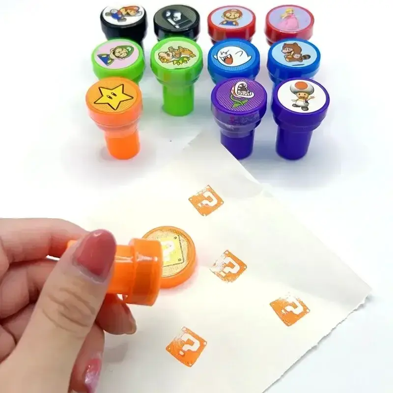 12pcs Super Marios Bros Cartoon Toy Signet Anime Pattern Seal Stamper Painting Photo Album Decoration Birthday Gift