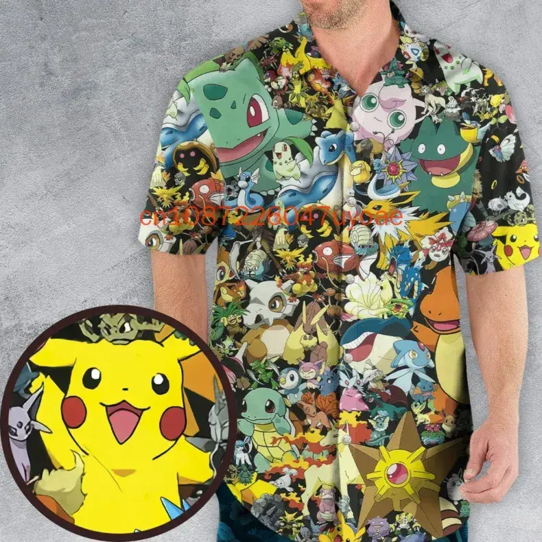 2025 Pokemon Short Sleeve Hawaiian Shirts Men's Women's Kids Summer Casual Button Pikachu Beach Shirts Tops