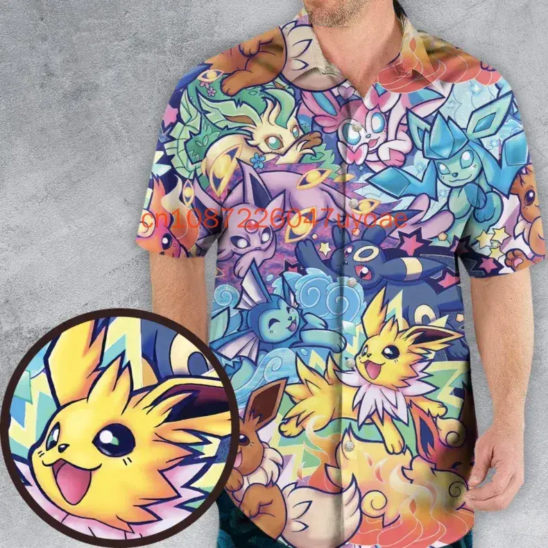 2025 Pokemon Short Sleeve Hawaiian Shirts Men's Women's Kids Summer Casual Button Pikachu Beach Shirts Tops
