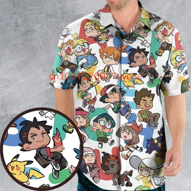 2025 Pokemon Short Sleeve Hawaiian Shirts Men's Women's Kids Summer Casual Button Pikachu Beach Shirts Tops