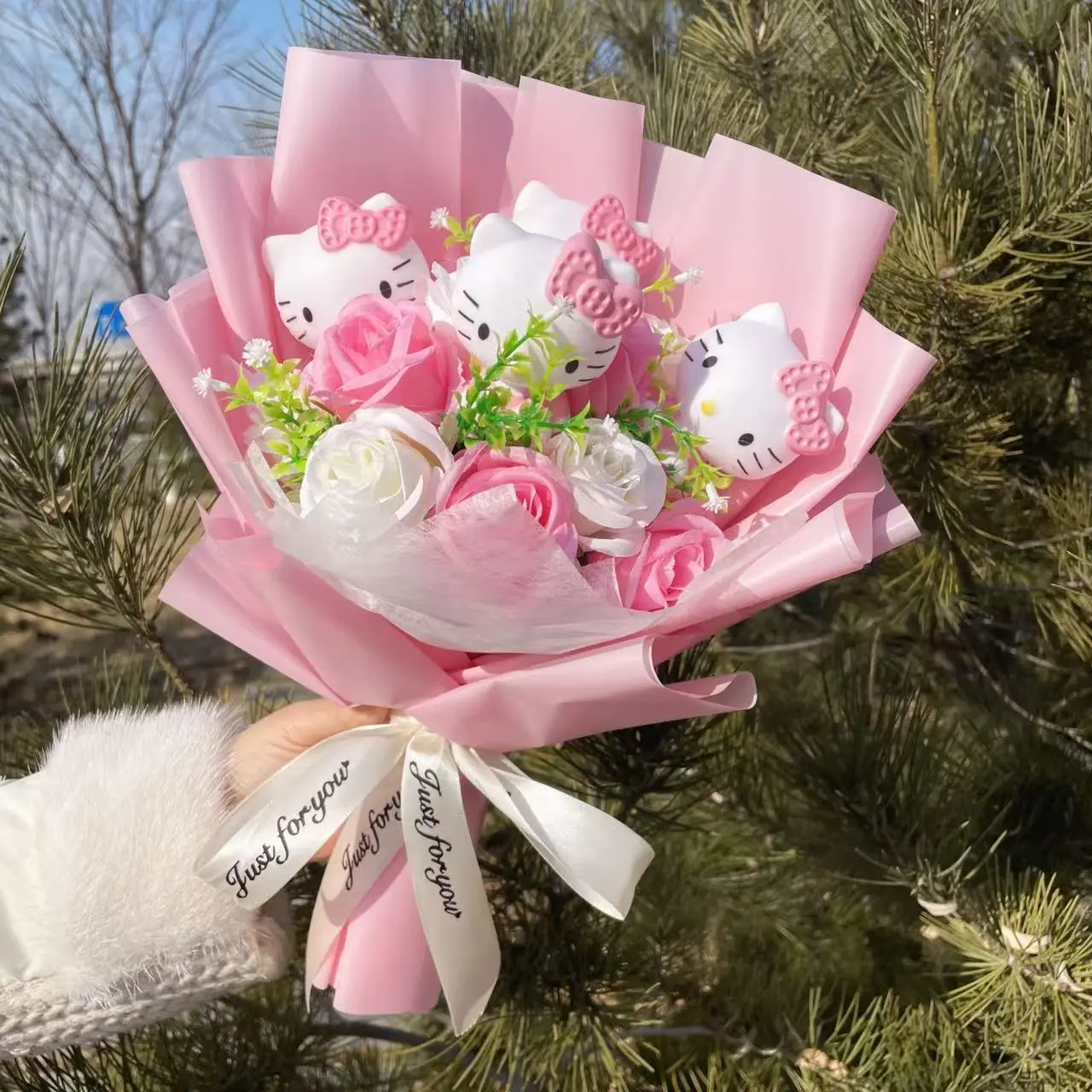 Kawaii Hello Kitty Cat Dolls With Artificial Flowers Creative Sanrio Bouquet Christmas Valentine Birthday Graduation Gifts