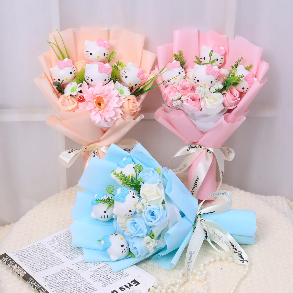 Kawaii Hello Kitty Cat Dolls With Artificial Flowers Creative Sanrio Bouquet Christmas Valentine Birthday Graduation Gifts