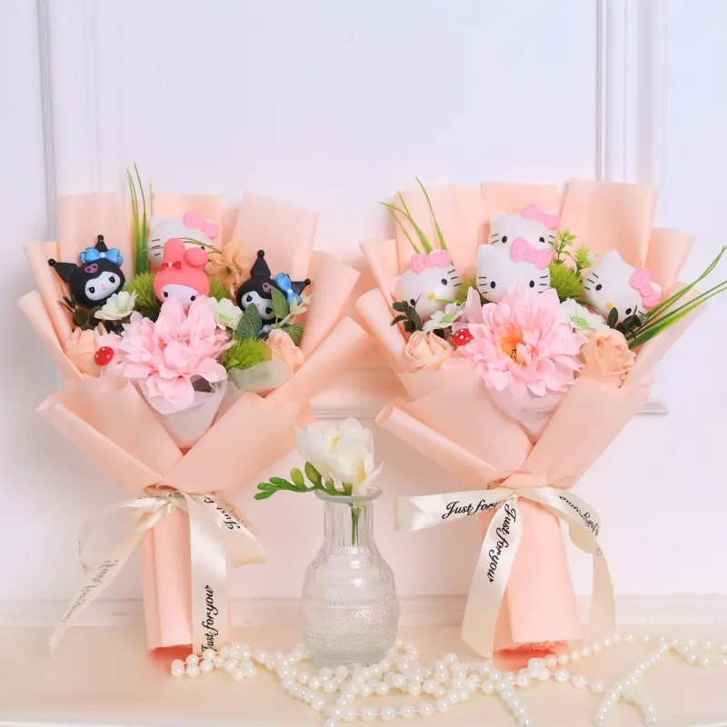 Kawaii Hello Kitty Cat Dolls With Artificial Flowers Creative Sanrio Bouquet Christmas Valentine Birthday Graduation Gifts