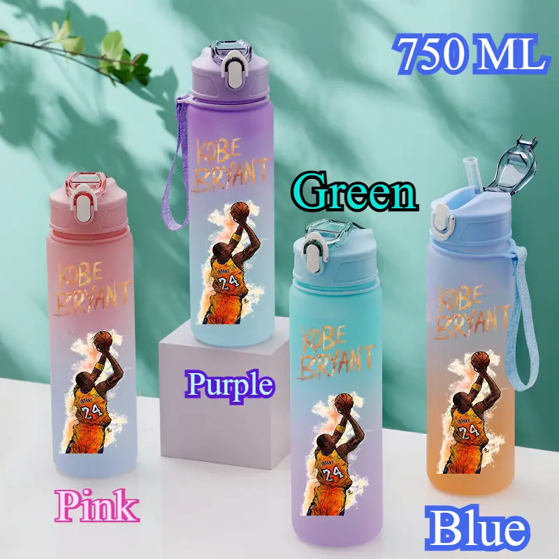 Basketball Stars Kobe Bryant Portable Large Capacity Outdoor Sports Water Cup Drinking Bottle with Straw 750ML Gradient Color