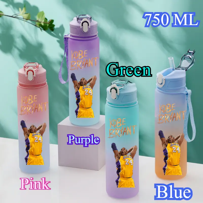 Basketball Stars Kobe Bryant Portable Large Capacity Outdoor Sports Water Cup Drinking Bottle with Straw 750ML Gradient Color