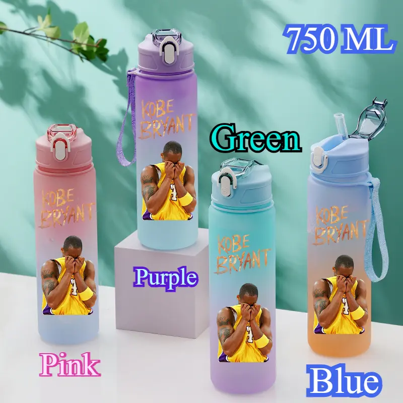 Basketball Stars Kobe Bryant Portable Large Capacity Outdoor Sports Water Cup Drinking Bottle with Straw 750ML Gradient Color