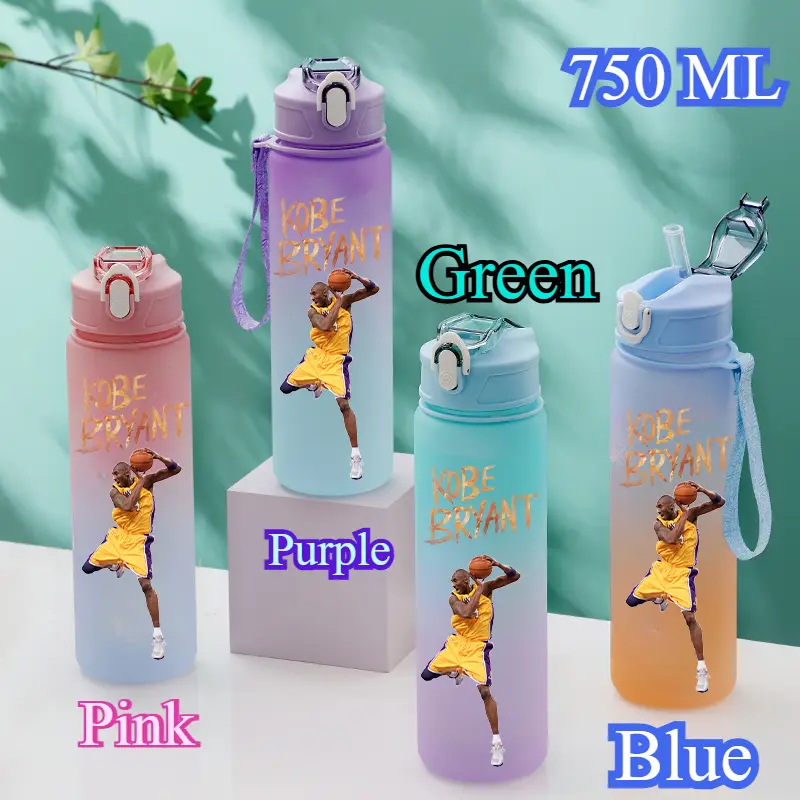 Basketball Stars Kobe Bryant Portable Large Capacity Outdoor Sports Water Cup Drinking Bottle with Straw 750ML Gradient Color