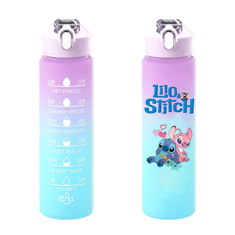 0.75L Disney Stitch Sport Water Bottle with Time Marker Leak-proof Cup Motivational Portable Outdoor Sport Fitness Surprise Gift