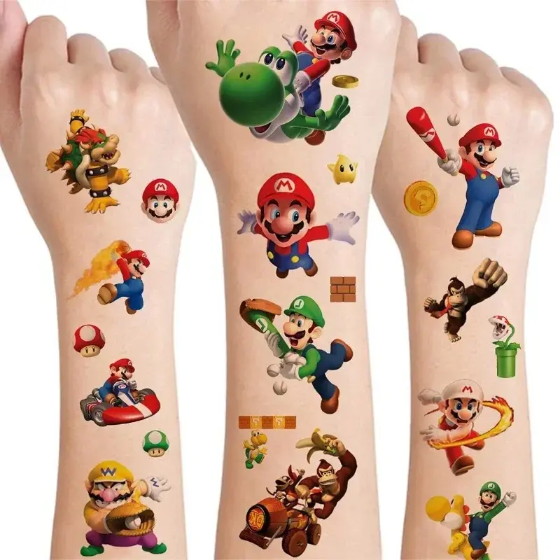 8pcs Super Mario Bros Tattoo Stickers Anime Figure Luigi Yoshi Waterproof Cosplay Sticker Kids Toys Halloween Party Accessories