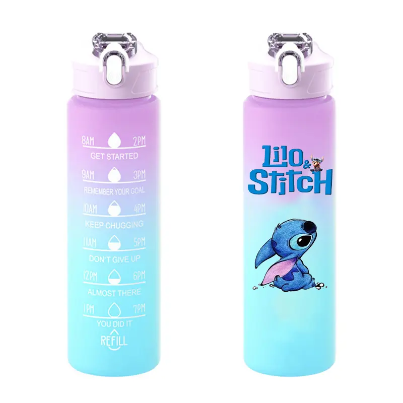 0.75L Disney Stitch Sport Water Bottle with Time Marker Leak-proof Cup Motivational Portable Outdoor Sport Fitness Surprise Gift