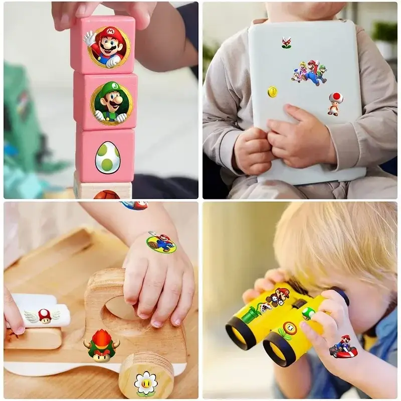 8pcs Super Mario Bros Tattoo Stickers Anime Figure Luigi Yoshi Waterproof Cosplay Sticker Kids Toys Halloween Party Accessories