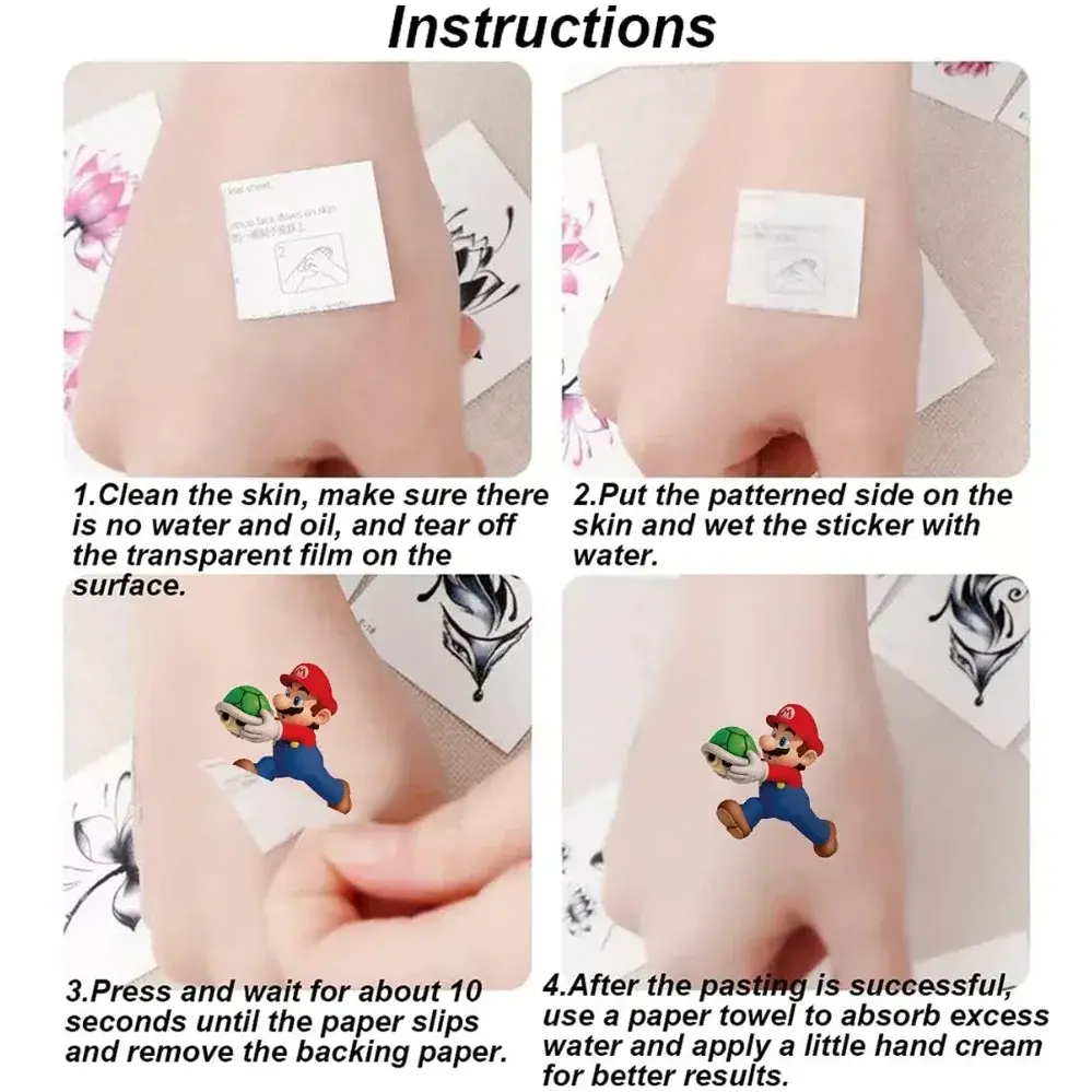 8pcs Super Mario Bros Tattoo Stickers Anime Figure Luigi Yoshi Waterproof Cosplay Sticker Kids Toys Halloween Party Accessories
