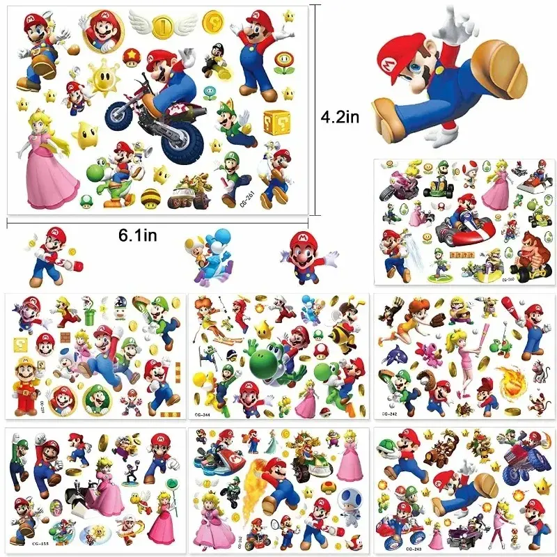 8pcs Super Mario Bros Tattoo Stickers Anime Figure Luigi Yoshi Waterproof Cosplay Sticker Kids Toys Halloween Party Accessories