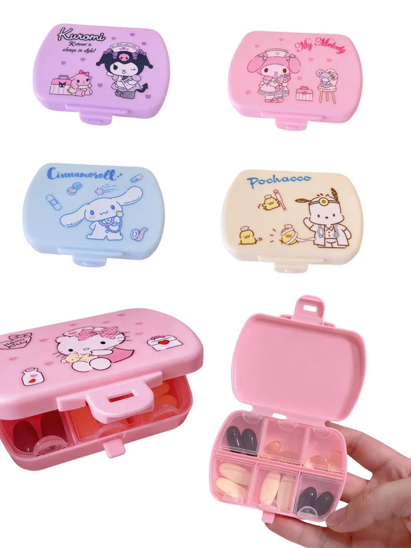 1pc Pill Storage Box With Cinnamoroll HelloKittyMelodyKuromi Patterns Lightweight Square Plastic Medicine Storage Box With Grids
