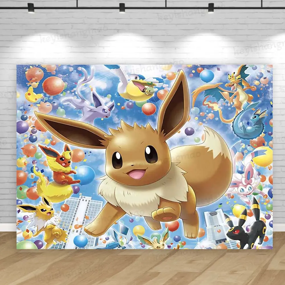Eevee Family Pokemon Backdrop Cute Girl Princess Birthday Party Background Photography Bedroom Wall Hanging Photo Banner Decor
