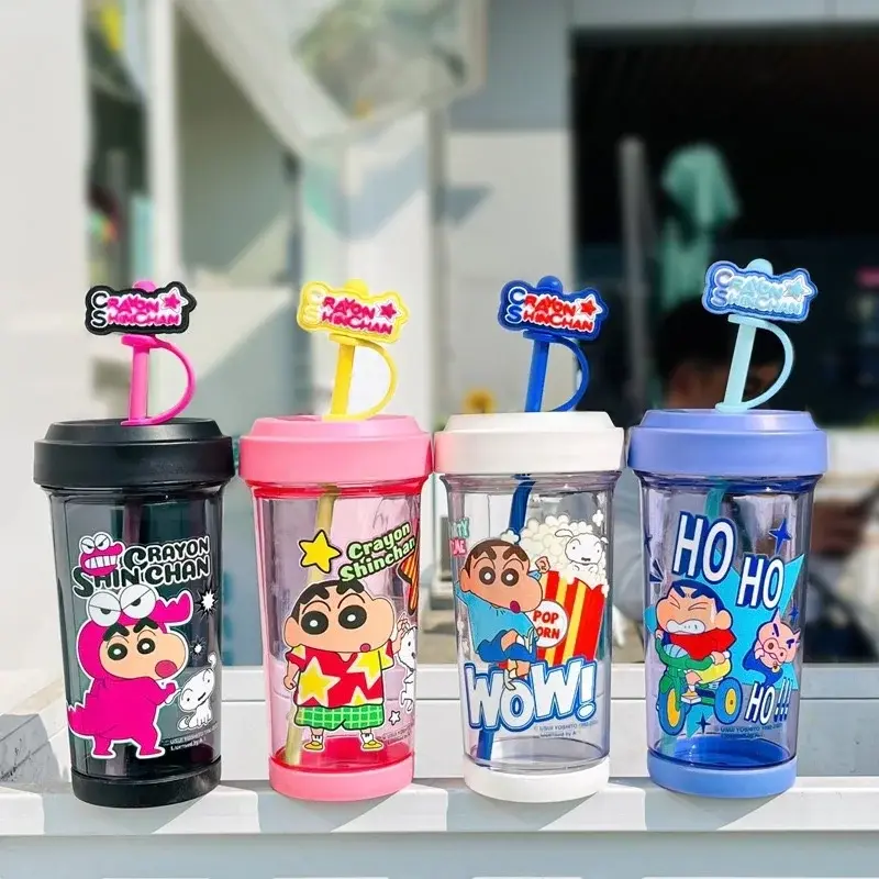 500-600ml Anime Crayon Shin-Chan Cute Big Head Cup Heat-Resistant Plastic Water Cup Large Capacity Portable Straw Cup Gift