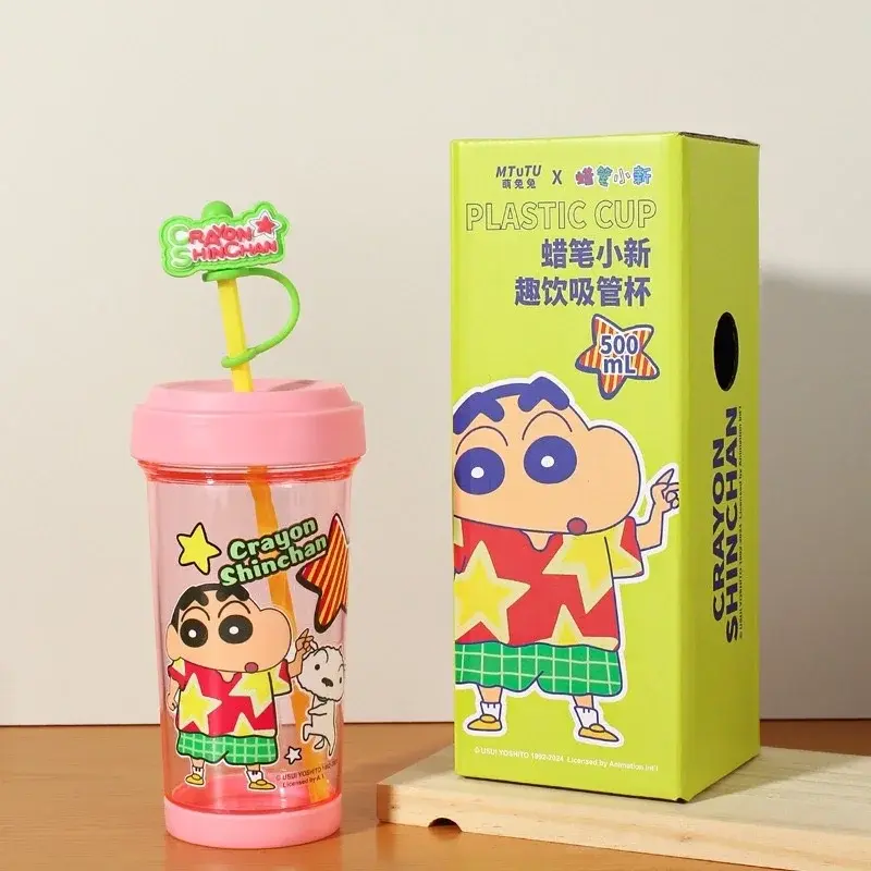 500-600ml Anime Crayon Shin-Chan Cute Big Head Cup Heat-Resistant Plastic Water Cup Large Capacity Portable Straw Cup Gift