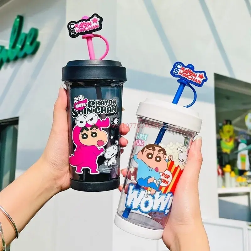 500-600ml Anime Crayon Shin-Chan Cute Big Head Cup Heat-Resistant Plastic Water Cup Large Capacity Portable Straw Cup Gift