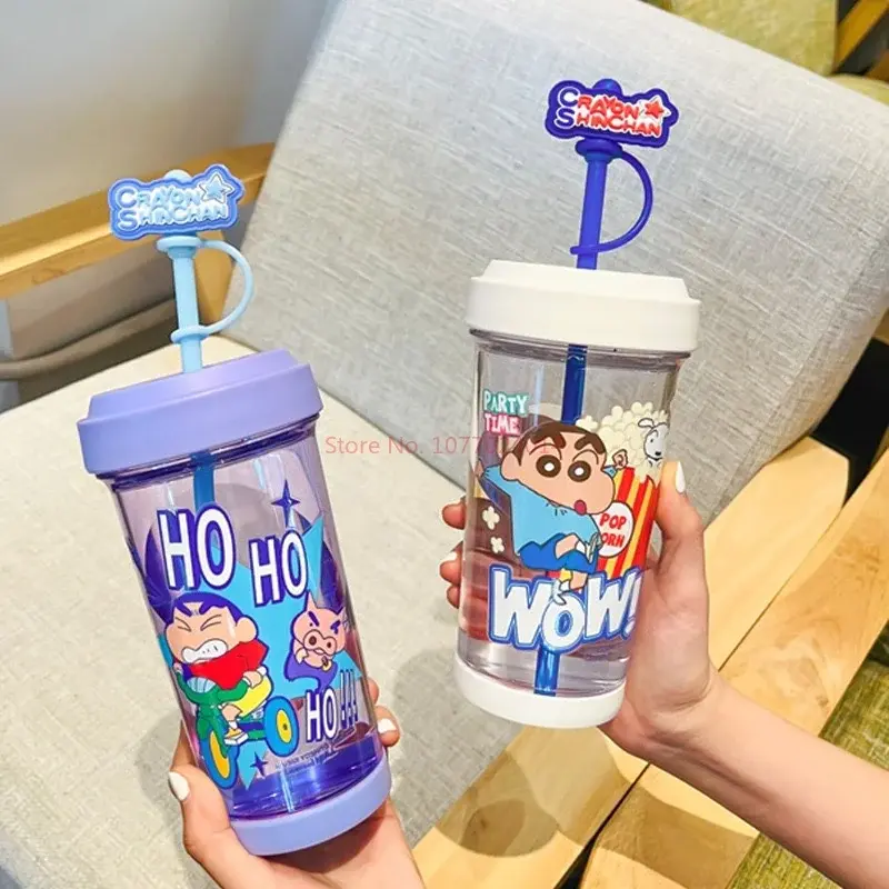 500-600ml Anime Crayon Shin-Chan Cute Big Head Cup Heat-Resistant Plastic Water Cup Large Capacity Portable Straw Cup Gift