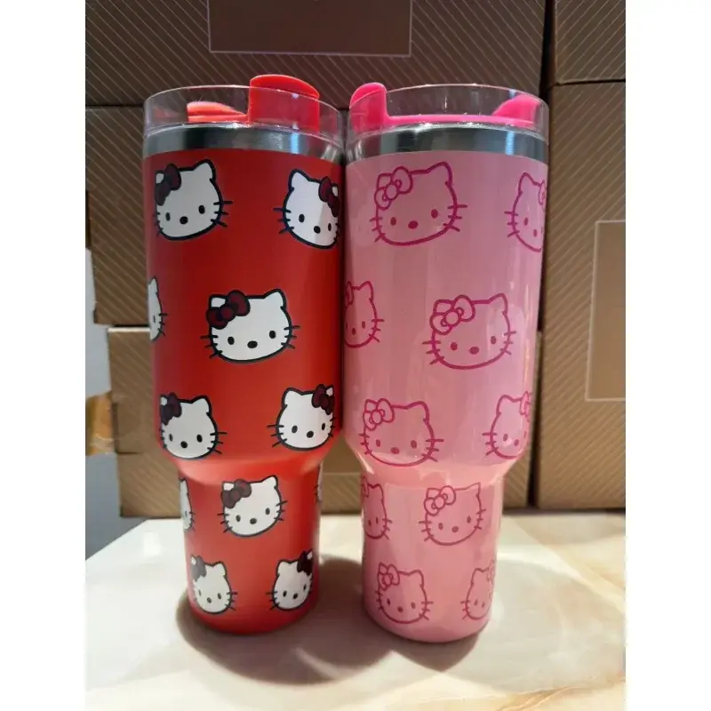 Kawaii Hello Kitty 40oz Stainless Steel Vacuum Cup Anime with Handle Straw Cup Coffee Cup with Packaging Box Quick Delivery
