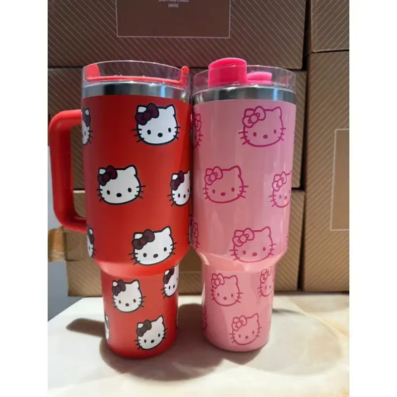 Kawaii Hello Kitty 40oz Stainless Steel Vacuum Cup Anime with Handle Straw Cup Coffee Cup with Packaging Box Quick Delivery