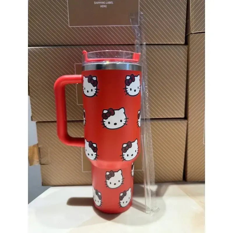 Kawaii Hello Kitty 40oz Stainless Steel Vacuum Cup Anime with Handle Straw Cup Coffee Cup with Packaging Box Quick Delivery