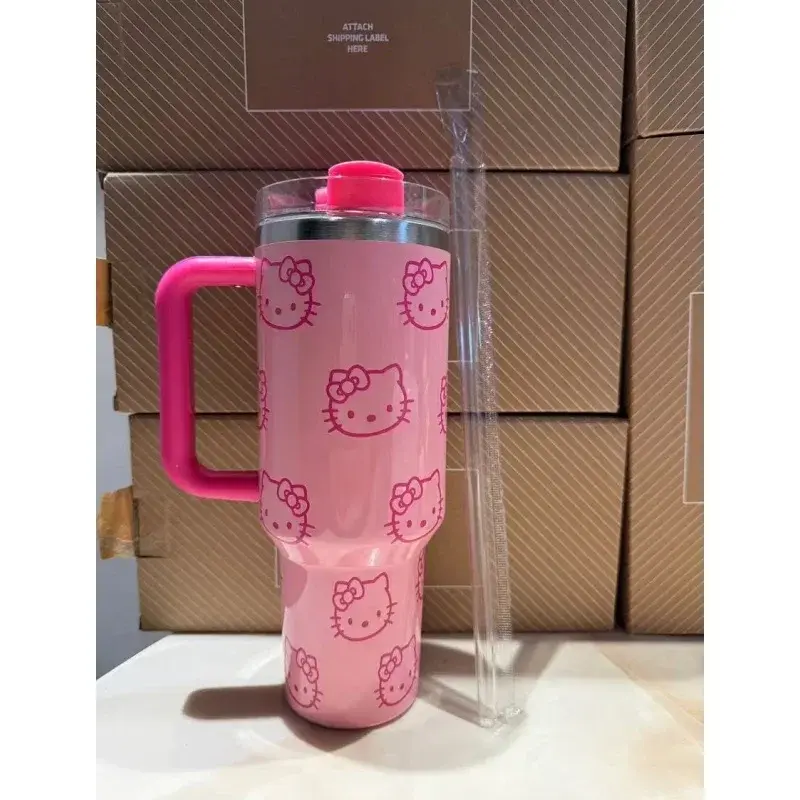 Kawaii Hello Kitty 40oz Stainless Steel Vacuum Cup Anime with Handle Straw Cup Coffee Cup with Packaging Box Quick Delivery