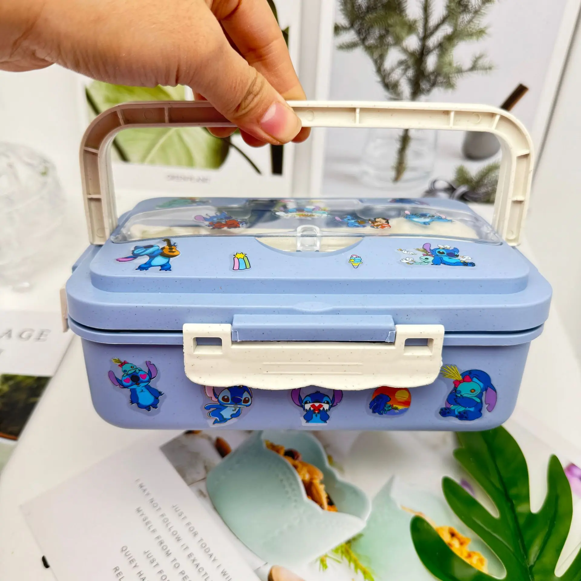 Cute Stitch Bento Lunch Box with Spoons Chopsticks Cartoon Sticker Students Portable Heated 3 Grid Sandwich Snack Food Box