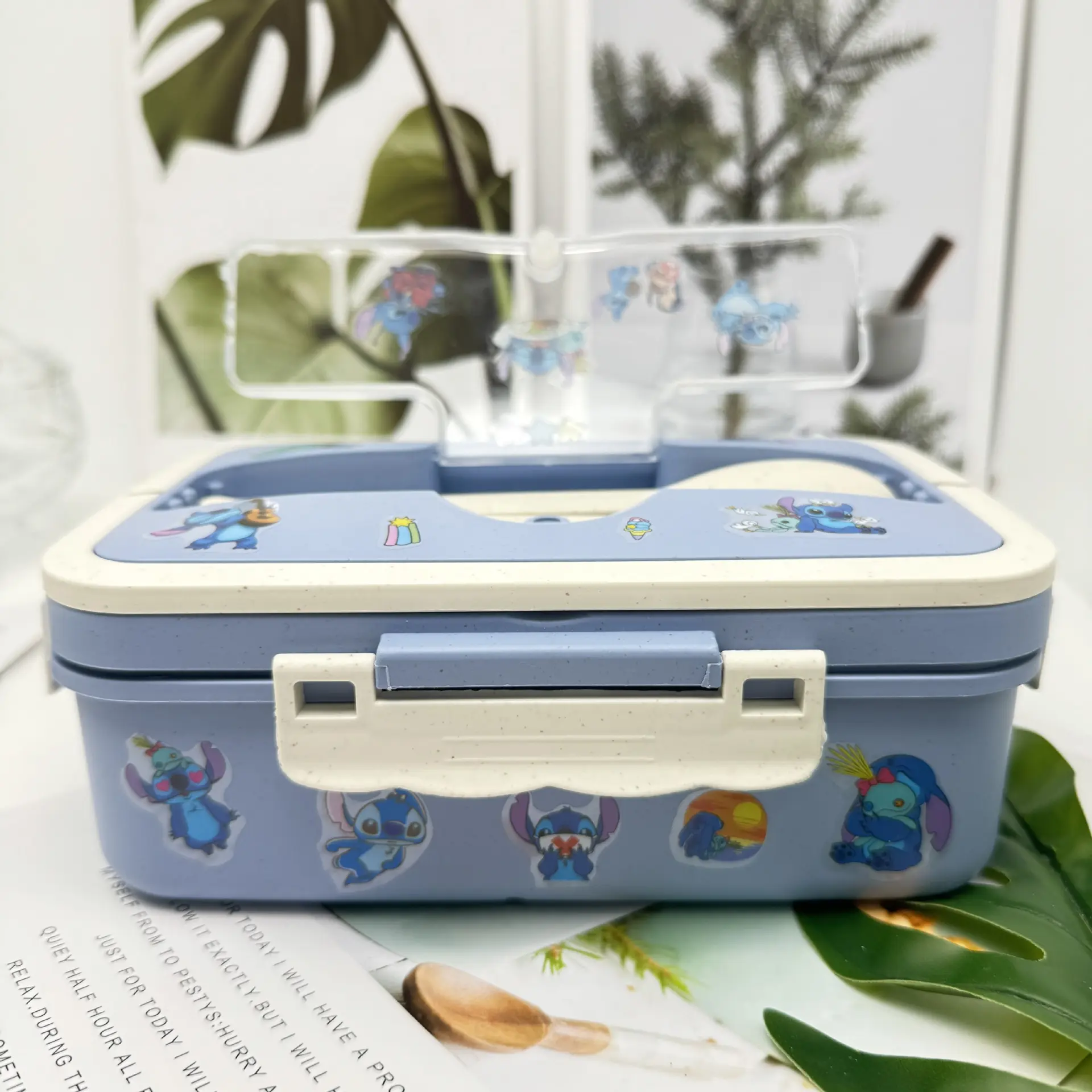 Cute Stitch Bento Lunch Box with Spoons Chopsticks Cartoon Sticker Students Portable Heated 3 Grid Sandwich Snack Food Box