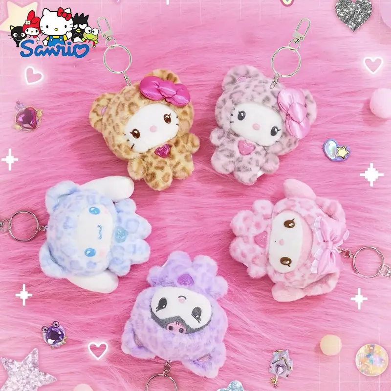 Sanrio Hello Kitty Leopard Print Bear Doll Cartoon Kuromi Cinnamoroll Plush Doll Kawaii Keychain Backpack Pendant DecorationGift