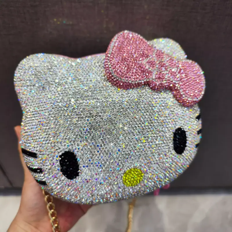 Sanrio Cute Cartoon Hello Kitty Diamond Bag Fashion Messenger Bag Handmade Diamond Inlaid Handbag Decor Storage Bag Girl Gifts