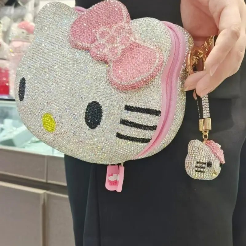 Sanrio Cute Cartoon Hello Kitty Diamond Bag Fashion Messenger Bag Handmade Diamond Inlaid Handbag Decor Storage Bag Girl Gifts