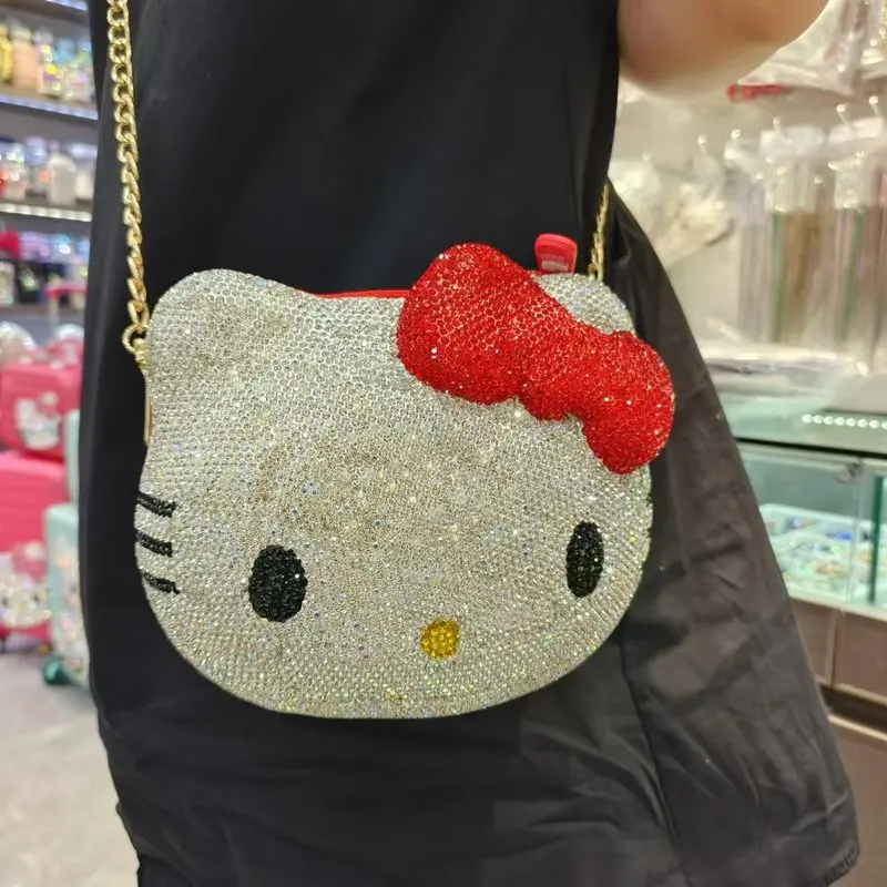 Sanrio Cute Cartoon Hello Kitty Diamond Bag Fashion Messenger Bag Handmade Diamond Inlaid Handbag Decor Storage Bag Girl Gifts
