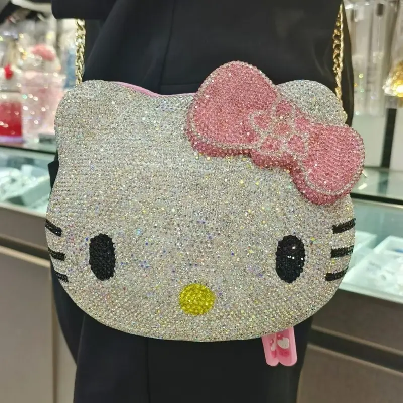 Sanrio Cute Cartoon Hello Kitty Diamond Bag Fashion Messenger Bag Handmade Diamond Inlaid Handbag Decor Storage Bag Girl Gifts