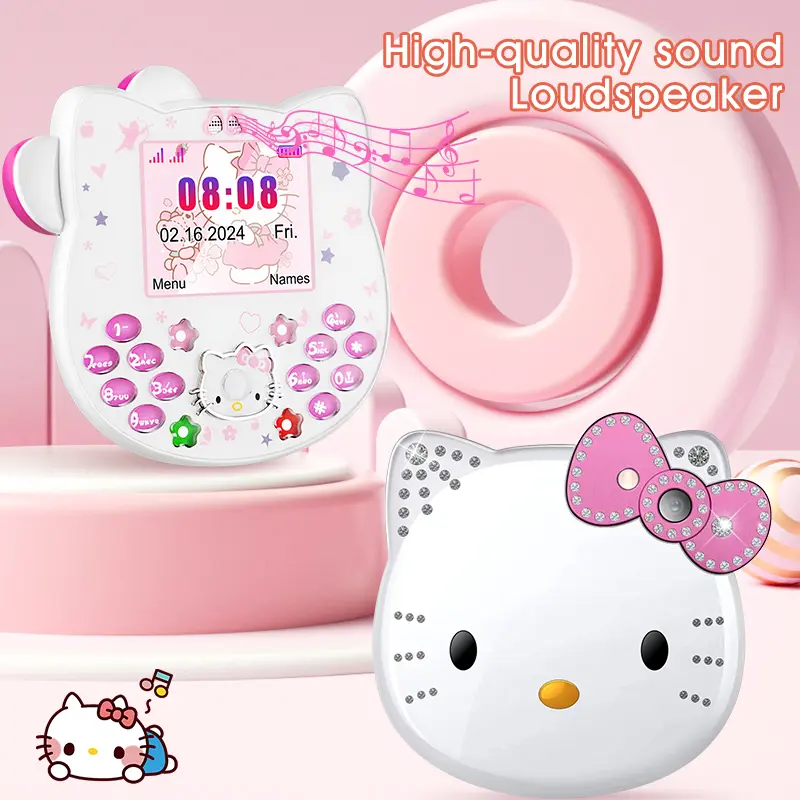 2024Hot miniso Hello Kitty Kawaii Mini Flip Phone I68 Girl Mobile Phone Student Anime Phone Music Mobile Phone Kid Birthday Gift