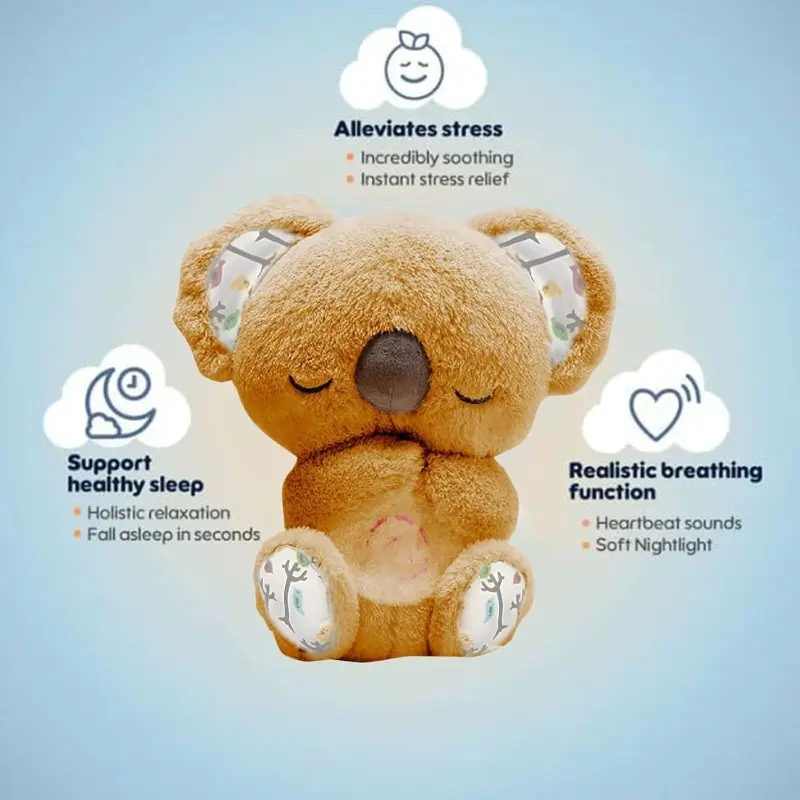 Adorable Breathing Koala Plush Baby Sleep Aid with Soft Night Light Rhythmic Vibration Gentle Music Sounds Bedtime Comfort Toy