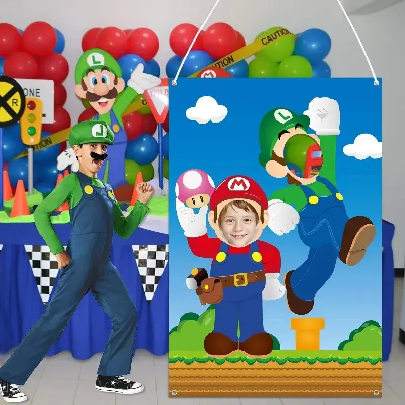 Super Marios Bros Cosplay Backgrounds Anime Figure Luigi Photo Door Banner Fabric Face Photography Backdrops Party Supplies Gift