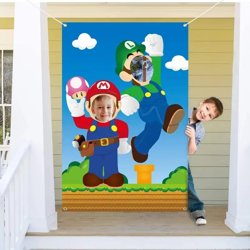 Super Marios Bros Cosplay Backgrounds Anime Figure Luigi Photo Door Banner Fabric Face Photography Backdrops Party Supplies Gift