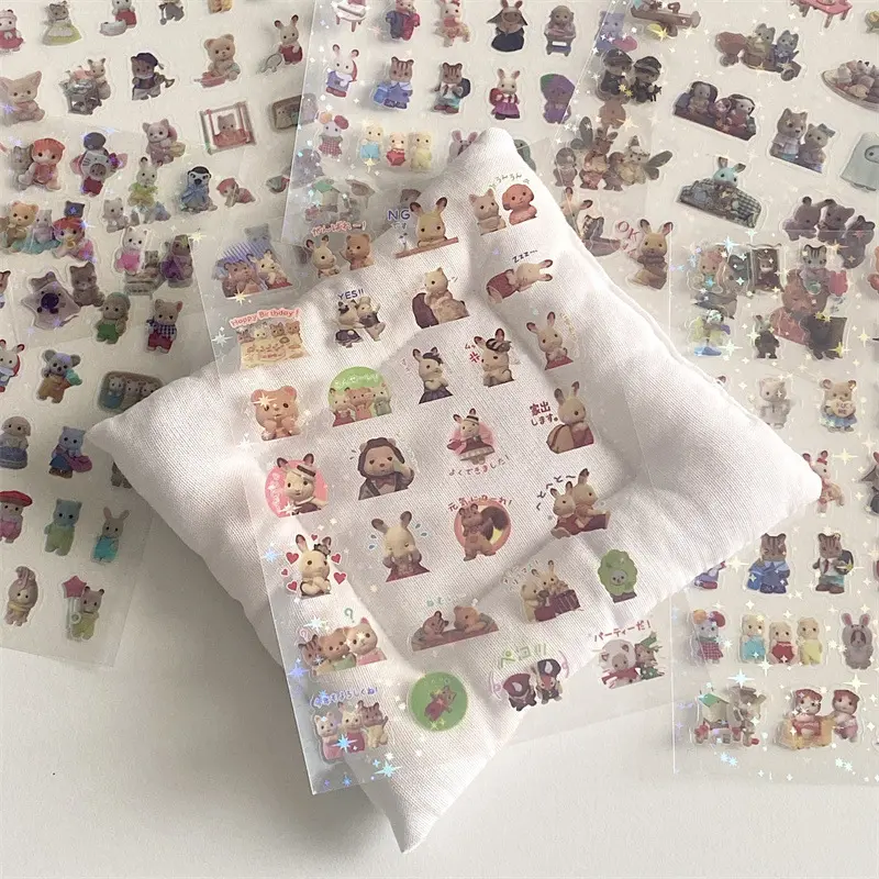 6Pcs Calico Critters Stickers Cartoon Waterproof sylvanian Stickers Pack Anime Accessories Children's Toys Gift