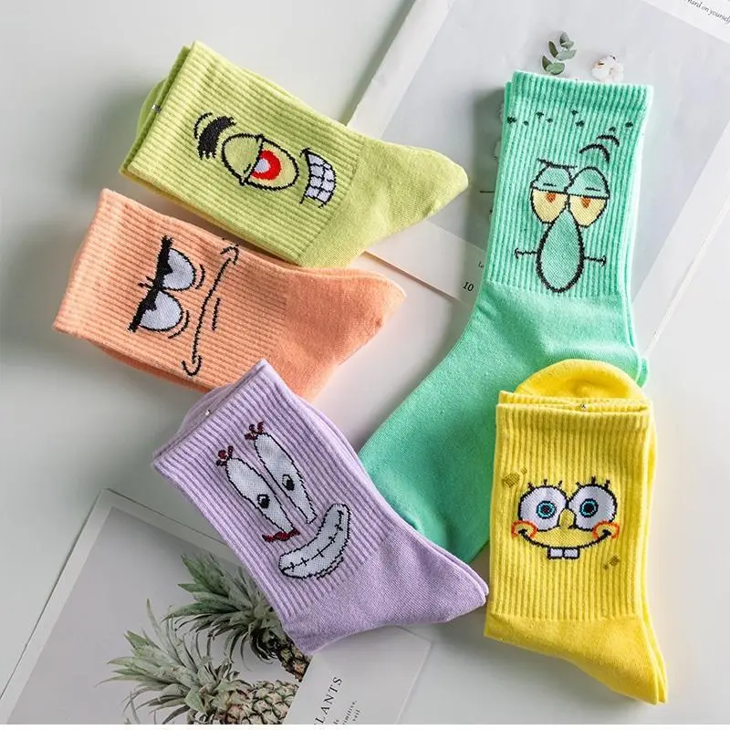 SpongeBob Cartoon Socks Cotton Boy Girl Long Tube Tide Socks Student Breathable Socks Kids Anime Comfortable Mid-calf Sock Gift