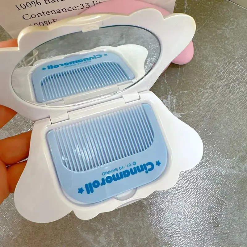 Sanrio Cartoon My Melody Cinnamoroll Kuromi Cute Face Type Portable Makeup Mirror Comb Set Kawaii Anime Plush Toy for Girl Gift