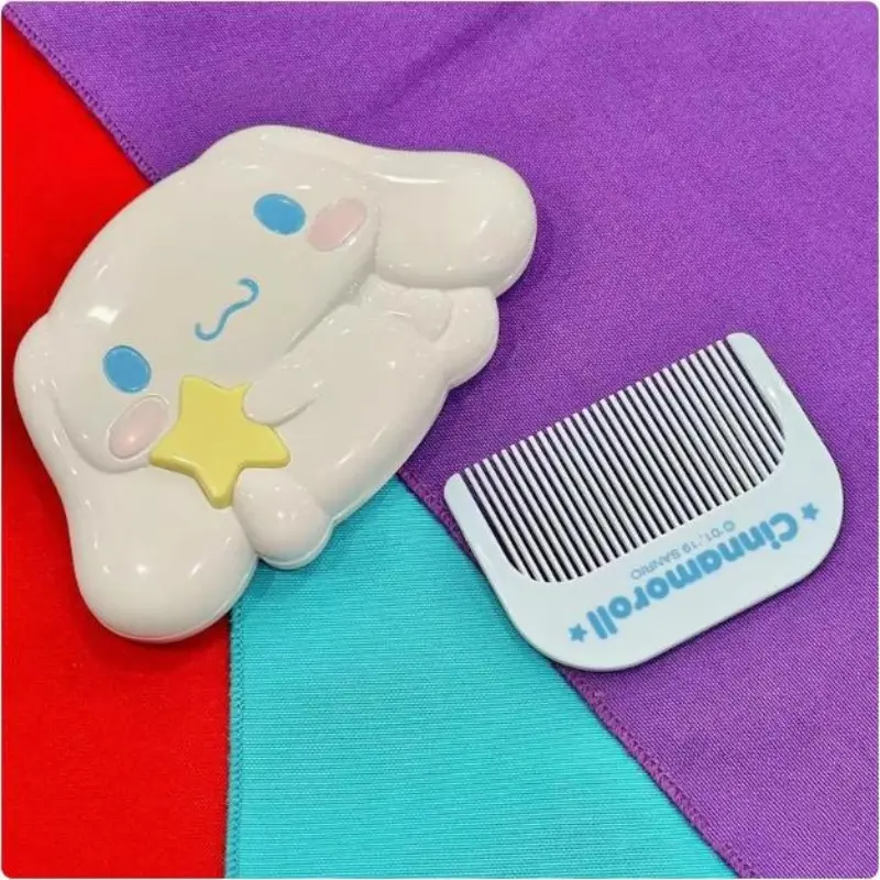 Sanrio Cartoon My Melody Cinnamoroll Kuromi Cute Face Type Portable Makeup Mirror Comb Set Kawaii Anime Plush Toy for Girl Gift